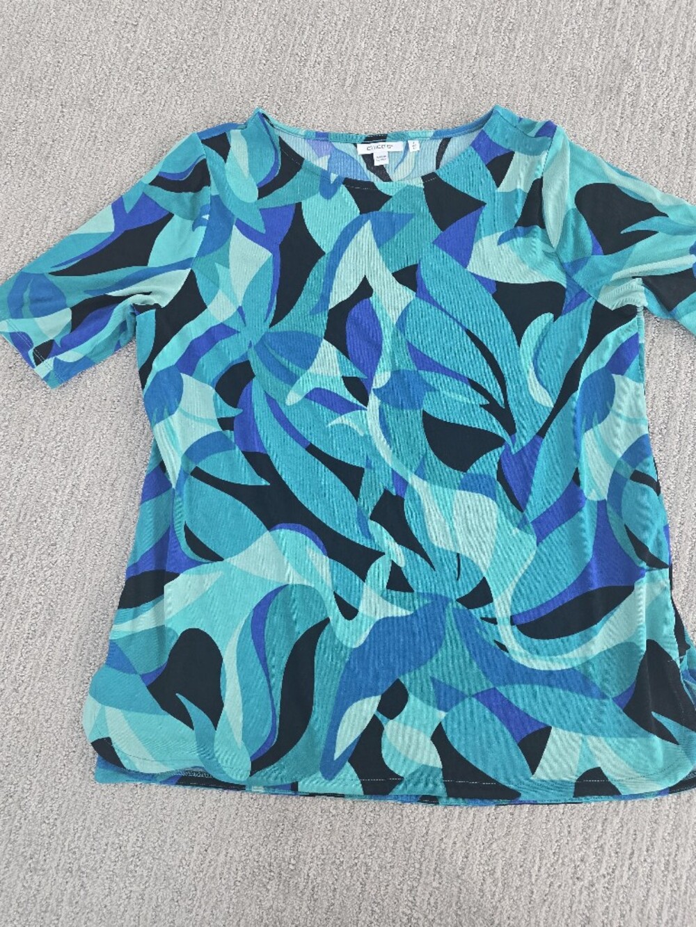 Chicos Travelers Blue Abstract Tropical Print Short Sleeve Top Tunic Msrp $99